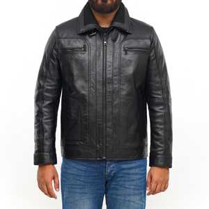 Chaqueta de Cuero Genuino Negra para Hombre con Cuello de Piel Sintética, Estilo Vintage, Informal, para Invierno - Product Image 1