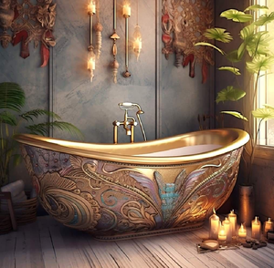 Bañera vintage con patas de gato, con vidrio tintado oscuro y paneles florales brillantes, disponible a precios de mayorista para su hogar. - Product Image 2