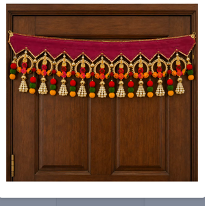 Traditional Indian Toran with Pink Lotus Beaded Tassels and Gold Embroidery for Diwali Entryway Decor Door Hanging - Product Image 4