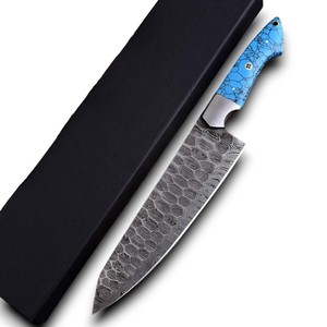 Damascus Steel Chef <b>Knife</b> Turquoise Stone Handle Ambidextrous Design Modern Style Razor <b>Sharp</b> Edge Hand Forged with Gift Box - Product Image 1