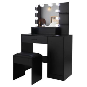 FCH Grand ensemble coiffeuse avec 10 ampoules LED, tabouret rembourré, 3 étagères de rangement, 1 tiroir, 1 armoire - Product Image 2