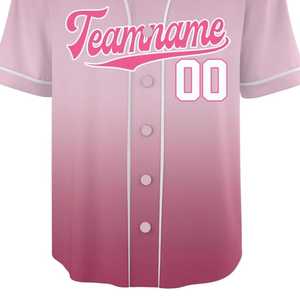 Camiseta de béisbol personalizada con degradado rosa, con nombre del equipo y número, estampado por sublimación, unisex, para adultos, de manga corta, con botones al frente. - Product Image 3