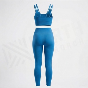 Conjunto de Yoga sin Costuras Azul para Mujer, Leggings de Cintura Alta, Sujetador Deportivo con Doble Tirante y Escote Redondo, 2 Piezas - Product Image 2
