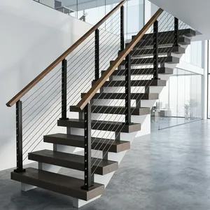 Rampe d'escalier intérieure moderne avec poteaux en métal noir, câbles horizontaux en acier et mains courantes en bois pour la sécurité domestique - Product Image 5