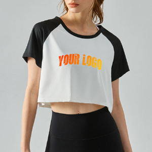 New Article Women's Light Gray <b>Crop</b> <b>Top</b> Raglan Sleeve Short Sleeve Crew Neck Solid Color Quick Dry Sporty T-Shirt With Logo Prin - Product Image 3