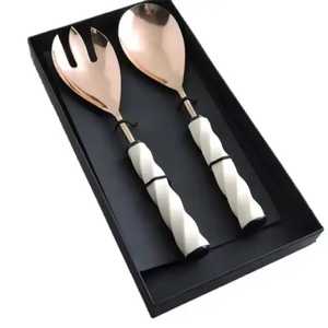 Trending Style Resin Handle Premium Salad Server Spoon and Fork Metal Flatware in Stainless Steel Salad Server Spoon and Fork - Product Image 1