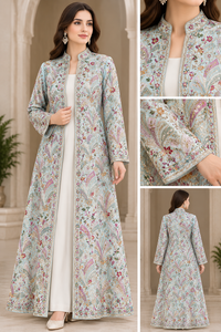 Embroidered Brocade <b>Satin</b> Silk Fabric Floral Pattern for Women Dress Jacket <b>Abaya</b> Kaftan burkha bride & bridal wear kids jacket - Product Image 5