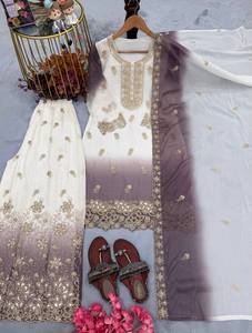 Salwar Kameez pakistanais bicolore avec pantalon Plazzo et dupatta blanc et violet brodé, tenue de mariage traditionnelle pour femmes - Product Image 4