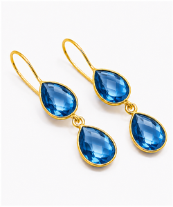 Pendientes Colgantes de Cuarzo Azul en Forma de Lágrima, Plata de Ley 925, Chapados en Oro |   Pendientes de cuarzo azul con forma de pera facetada |   Regalo Hecho a Mano - Product Image 2