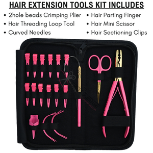All in One Pink Hair Extension Tool <b>Set</b> with Hair Parting Finger Sectioning Clips 2 Hole Crimping <b>Plier</b> & Curved Sewing Needles - Product Image 2