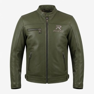Veste de moto en cuir matelassé vert olive pour homme Relevo, coupe ajustée, col zippé, coupe-vent, style motard, vêtements d'hiver - Product Image 1