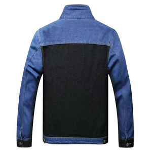 เสื้อแจ็คเก็ตยีนส์สีน้ำเงินสำหรับผู้ชาย คอตั้ง แต่งสีตัดกัน ขาดๆ แบบลำลอง ติดกระดุมแถวเดียว สวมใส่ในฤดูใบไม้ร่วง - Product Image 2