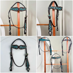 Bride occidentale de serre-tête de cheval en cuir taillé à la main avec des accents de cristal turquoise pour Rodeo Trail & Barrel Racing Tack - Product Image 2