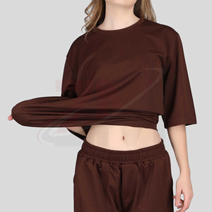 Camiseta de Algodón 100% Marrón, Cuello Redondo, Manga Tres Cuartos, Corte Holgado, Color Sólido, Tejido Transpirable, para Todas las Temporadas - Product Image 4