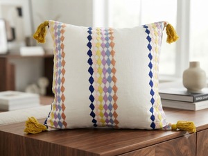 100% Linen Embroidered <b>Cushion</b> Cover with Multicolor Diamond Pattern & Corner Tassels | Decorative Throw Pillow Cover - Product Image 2