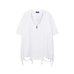 Camiseta de 230g de mezcla de algodón y poliéster con cuello redondo, diseño de cadena cruzada, transpirable, duradera, oversize, con dobladillo rasgado para primavera y verano - Product Image 2