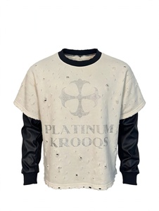 Custom Vintage Oversized for Distressed Rhinestone Cross Graphic Layered Fake Two Piece Faux Leather Sleeve Men Streetwear - Product Image 4