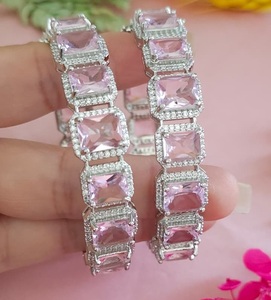 Silver Plated Brass Women's BANGLES with <b>Red</b> Green Moissanite Geometric Design Trendy Party Gift Jewelry - Product Image 3