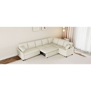 124.8\" L-Shaped Convertible <b>Sofa</b> Bed Pull Out <b>Sleeper</b> with Two Back Pillows Two USB Ports Two Power Sockets - Product Image 2