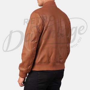 แจ็คเก็ตหนังแท้ทรงบอมเบอร์สำหรับผู้ชาย สีแทน ดีไซน์เรียบง่าย ซิปหน้า คอเบสบอล ทรงเข้ารูป สไตล์ลำลอง - Product Image 6