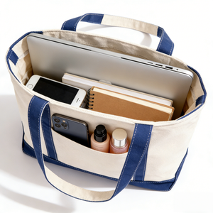 Bolsa de tela de algodón teñida lisa con asas y ribete inferior de colores, lavable y ecológica. - Product Image 3