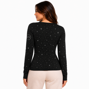 Hooded Deep <b>V</b> <b>Neck</b> <b>Women's</b> Knitted Rhinestone <b>Sweatshirt</b> Lace Trim Long Sleeve Crystal Studded Fitted Pullover French Terry - Product Image 2