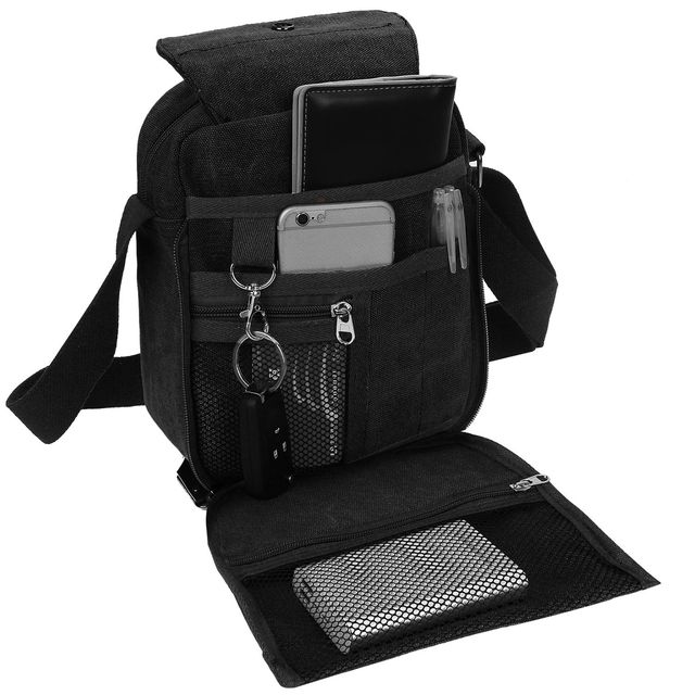 Crossbody Shoulder Bag Canvas Black Phone Tablet Credit Card Key Holder Unisex Messenger Bag for Daily Use