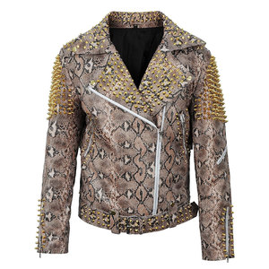 <b>Men's</b> Snake Print PU Moto <b>Jacket</b> With Rivet Decoration Turn-down Collar Zipper Closure Slim Fit Autumn Style - Product Image 3