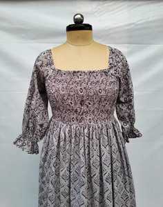 Vestido Casual para Mujer, Color Gris y Negro, Estampado, Cintura Fruncida, Cuello Cuadrado, Manga Abullonada, Largo Midi, Algodón, Ropa de Verano - Product Image 1