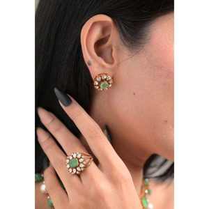Juego de anillos y pendientes de piedra verde con acabado antiguo en plata de ley 925, joyería india de diseñador para regalos de boda. - Product Image 1