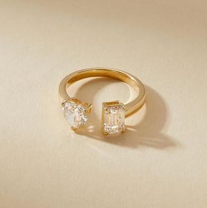 Open Band Heart Emerald Cut Moissanite 925 Sterling <b>Silver</b> Gold Plated <b>Adjustable</b> Luxury Engagement Wedding Anniversary <b>Ring</b> - Product Image 1