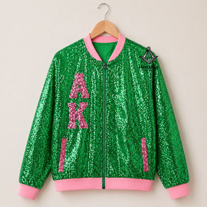 Custom Letterman <b>Sequin</b> Embroidery In Green Ladies Baseball Varsity <b>Jacket</b> | Sorority Greek Apparel By Heritage Masonic Regalia - Product Image 1