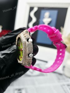 Women's Luxury Analog Digital <b>Watch</b> Green Dial Pink Rubber Band Moissanite Round <b>Case</b> Hip Hop <b>Watch</b> - Product Image 4