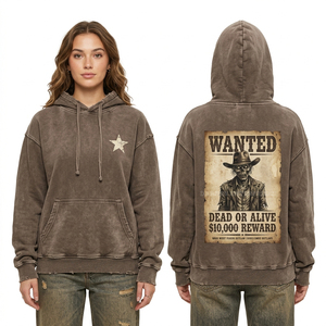 Sweat-shirt à capuche vintage marron délavé pour femme, motif squelette cowboy « Wanted Dead Or Alive », style western outlaw - Product Image 1