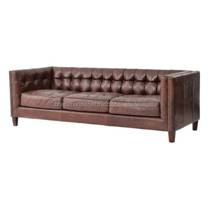 Canapé 3 places en cuir véritable de luxe, accoudoirs carrés, capitonné à la main, cuir marron, meubles de salon, design moderne - Product Image 5