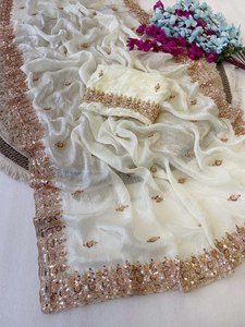 Sari de Seda Pura de Lujo con Bordado de Cuentas Doradas y Borde Calado, Blusa de Diseñador Elástica para Fiestas y Ocasiones de Verano - Product Image 6