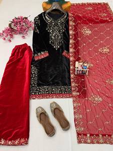 Ensemble prêt-à-porter entièrement cousu avec haut en velours brodé Zari et orné de sequins, pantalon palazzo et dupatta. - Product Image 5