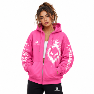 Custom Halloween Streetwear Full <b>Zip</b> Hoodie Heavyweight <b>Hooded</b> Jacket with Vintage Skull Ghost Pumpkin Graphic Design for Women - Product Image 1
