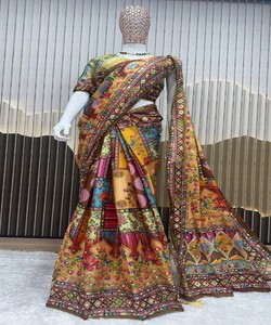 Sari en soie imprimé numérique traditionnel, chemisier non cousu, longueur au sol, séchage rapide, pour femme, idéal pour mariage et fêtes, Inde Pakistan 85371 - Product Image 3