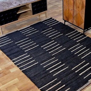 Black Handwoven Jute Area Rug Modern Geometric White <b>Striped</b> Carpet Minimalist Living Room Bedroom Handmade Floor Decor Rug - Product Image 1