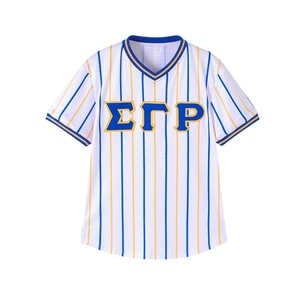 Maillot de baseball rayé noir SGRho pour femme, chemise de sport de sororité blanche, maillot d'équipe athlétique boutonné avec lettres grecques, personnalisable - Product Image 1