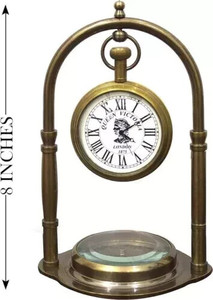 Luxury Brass <b>Desk</b> <b>Clock</b> with Compass Wooden Base Antique Style Home Office Decor <b>Clock</b> - Product Image 3