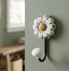 Ceramic Daisy Flower Wall <b>Hook</b> with <b>Black</b> Metal <b>Hook</b> Eco-Friendly & Waterproof Vintage Style for Clothing Storage Cute Decor - Product Image 1