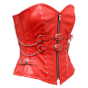Women's Red PU <b>Leather</b> <b>Corset</b> Casual Style Waterproof V-neck Zipper Closure Strapless Outerwear with Chains and Studs - Product Image 2