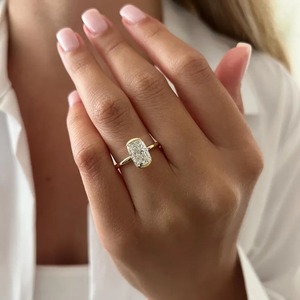 Trendy Design Cushion Color E Lab Grown Diamond Half Bezel <b>Ring</b> 14k Yellow Gold Low Set <b>Thin</b> Diamond Women's Engagement Wedding - Product Image 6