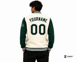 SINEWY SPORTS <b>Men's</b> Pinstripe Varsity <b>Jacket</b> Custom Name Number Green Cream <b>Baseball</b> Style Sporty Outerwear Autumn Wear - Product Image 6