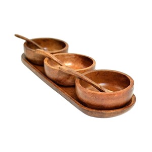 Ensemble de bols à condiments en bois d'acacia faits à la main avec plateau de service ovale et cuillères, service écologique pour la maison et la restauration - Product Image 6