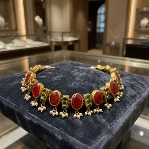 Gold Plated Classic Kundan Necklace Set Red Oval Stone Pearl <b>Drop</b> Brass Choker Jewelry for Wedding Festival Women Gifts - Product Image 6