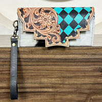 Nouveauté : Pochette à main pour femme en cuir de vachette véritable, style western, à motifs à carreaux, avec porte-cartes et dragonne