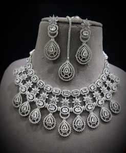 Indian <b>Women</b> Silver Plated Anti-Tarnish Necklace <b>Set</b> Matching Earring Maang Tika AD Jewellery Wedding Party Engagement <b>Gift</b> - Product Image 5